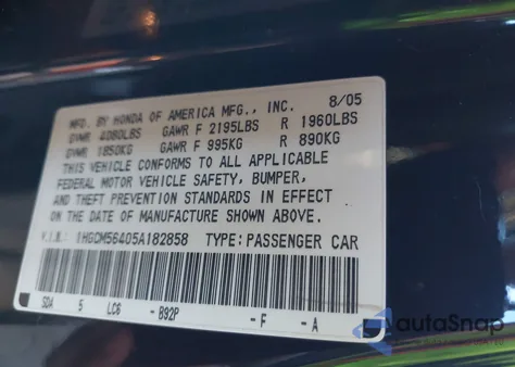 2005 Honda Accord 2.4 Lx z USA, uszkodzony, nr VIN 1HGCM56405A182858